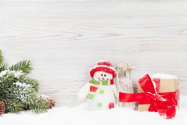 Christmas Gift Box Snowman Toy Fir Tree Branch View Copy — Stock Photo, Image