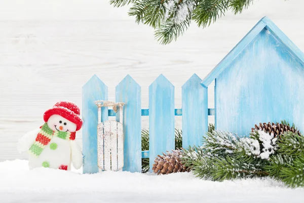 Muñeco Nieve Navidad Juguetes Trineo Caja Regalo Rama Abeto — Foto de Stock