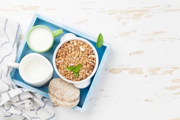 Healthy Breakfast Set Muesli Milk Top View Space Your Text — Stock Photo, Image