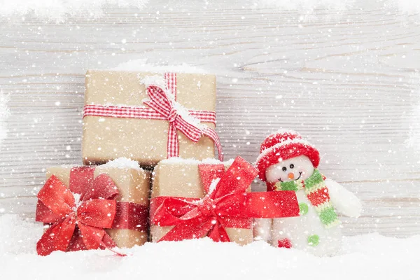 Christmas Gift Boxes Snowman Toy View Space Your Greetings — Stock Photo, Image