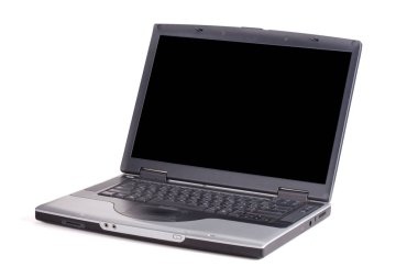 laptop ile boş bir siyah ekran. Beyaz arka plan üzerinde izole