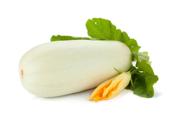 Verse Courgette Fruit Met Groene Bladeren Bloem Geïsoleerd Witte Achtergrond — Stockfoto