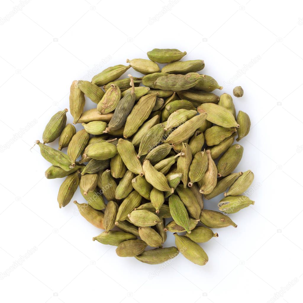 Green cardamom spice. Isolated on white background