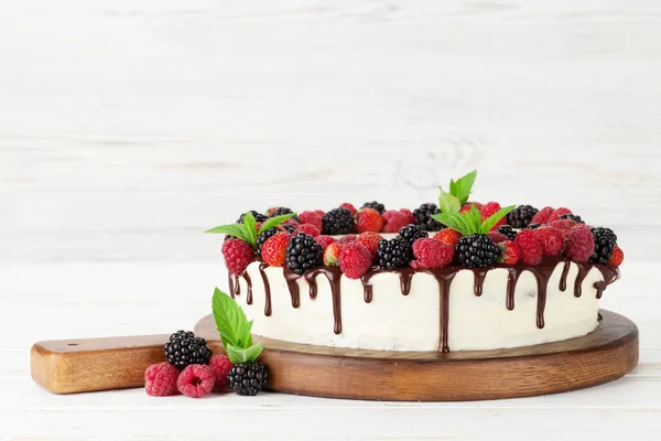 Cheese Cake Chocolate Berries Space Your Greetings — Stock Photo, Image