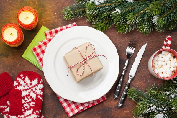 Table Noël Avec Bougies Mitaines Tasse Chocolat Chaud Avec Guimauve — Photo