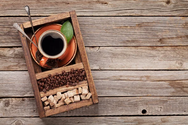 Kaffeetasse Gerösteten Bohnen Und Braunem Zucker Ansicht Von Oben Mit — Stockfoto