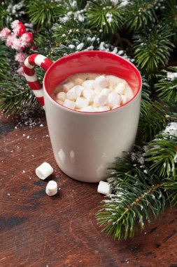 Ahşap arka plan üzerinde kar kaplı hatmi ve köknar ağacı dalı ile sıcak çikolata ile Noel tebrik kartı