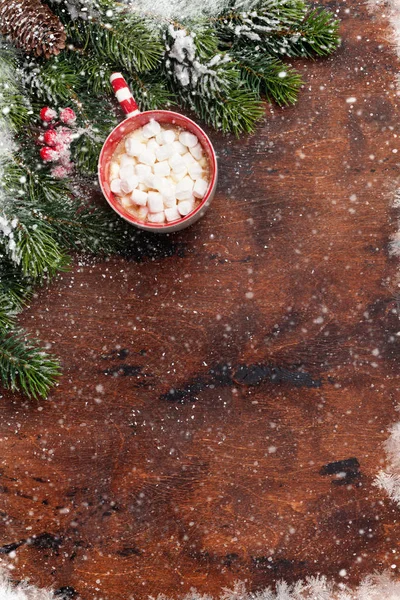 Biglietto Auguri Natalizio Con Tazza Cioccolata Calda Con Marshmallow Ramo — Foto Stock