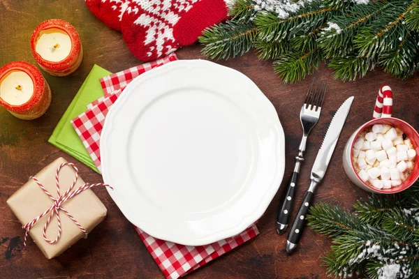 Cenário Mesa Natal Com Xícara Chocolate Quente Caixa Presente Ramo — Fotografia de Stock