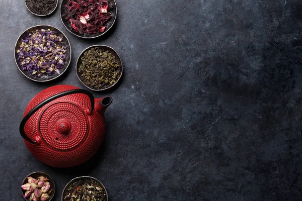 Various Tea Teapot Bowls Dark Stone Background Copy Space — Stock Photo, Image