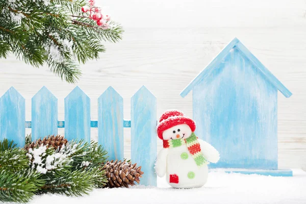 Christmas Snowman Toy Decor Fir Tree Branch Xmas Greeting Card — Stock Photo, Image