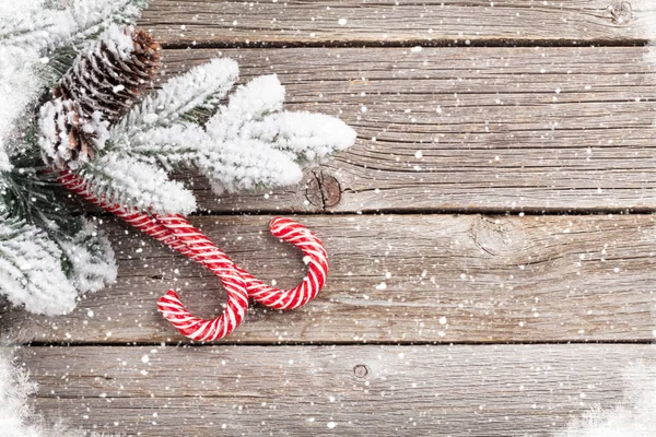 Canne Bonbons Noël Sapin Des Neiges Sur Table Bois Vue — Photo