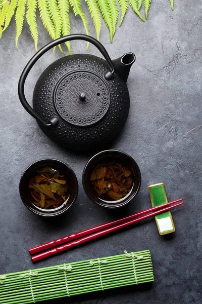 Chocos Chá Sushi Verdes Comida Japonesa Vista Superior — Fotografia de Stock