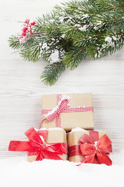 Christmas Gift Boxes Xmas Fir Tree Branch — Stock Photo, Image