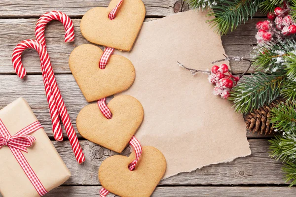 Weihnachtsherz Lebkuchen Zuckerstangen Und Tannenbaum Auf Dem Holztisch Ansicht Von — Stockfoto