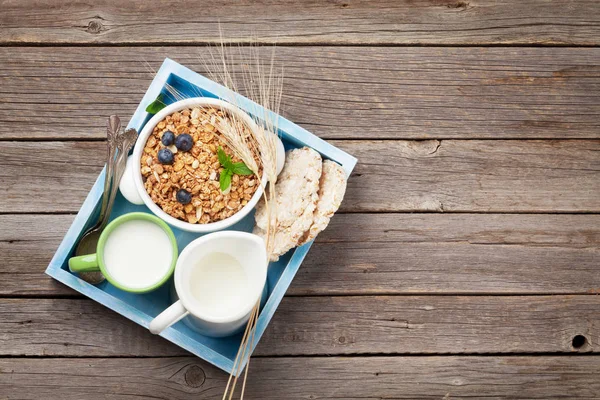 Healthy Breakfast Set Muesli Berries Milk Top View Space Your — Stock Photo, Image