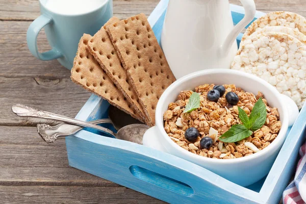 Set Petit Déjeuner Sain Avec Muesli Baies Noix Lait — Photo