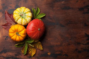Sonbahar zemin kabaklar ve ahşap masa üzerinde renkli yaprakları ile. Metin alanı olan üstten görünüm