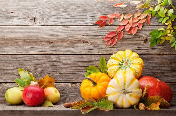 Herbst Mit Kürbissen Äpfeln Birnen Und Bunten Blättern Vor Der — Stockfoto