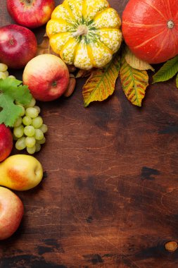 Sonbahar zemin ile kabak, elma, armut, üzüm ve renkli ahşap arka plan üzerinde bırakır. Metin alanı olan üstten görünüm
