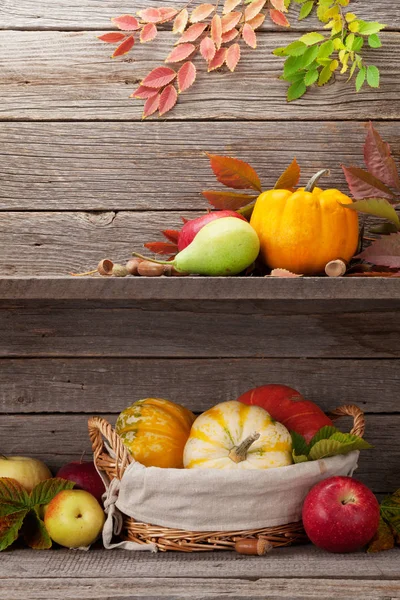 Outono Ainda Cartão Vida Com Abóboras Maçãs Pêras Folhas Coloridas — Fotografia de Stock