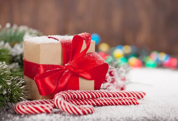 Christmas Gift Box Candy Canes Snow Fir Tree Xmas Greeting — Stock Photo, Image