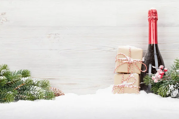 Coffrets Cadeaux Noël Bouteille Champagne Branche Sapin Noël Sur Fond — Photo