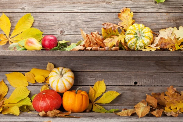 Herbst Stillleben Mit Kürbissen Äpfeln Birnen Und Bunten Blättern Aus — Stockfoto