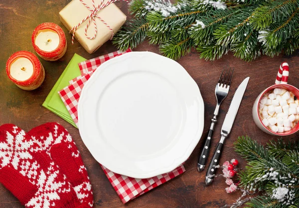 Cenário Mesa Natal Com Xícara Chocolate Quente Caixa Presente Ramo — Fotografia de Stock