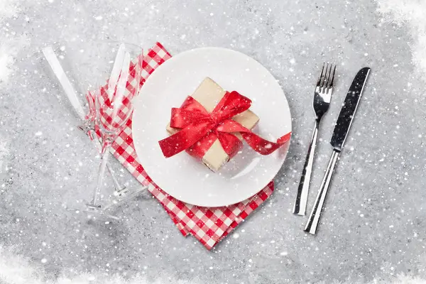 Christmas Table Setting Champagne Xmas Gift Box Covered Snow Stone — Stock Photo, Image