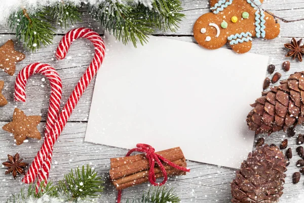 Christmas Greeting Card Decor Snow Fir Tree Top View Space — Stock Photo, Image