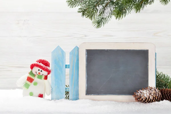 Christmas Snowman Toy Xmas Fir Tree Branch Chalkboard Your Greetings — Stock Photo, Image