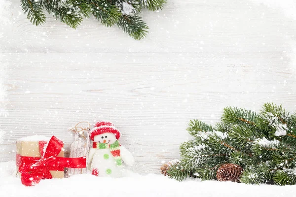 Kerst Sneeuwpop Toy Cadeau Doos Spar Vertakking Van Beslissingsstructuur Xmas — Stockfoto