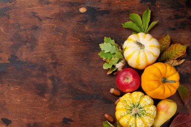 Kabak, elma, armut ve renkli yaprakları ile sonbahar natürmort