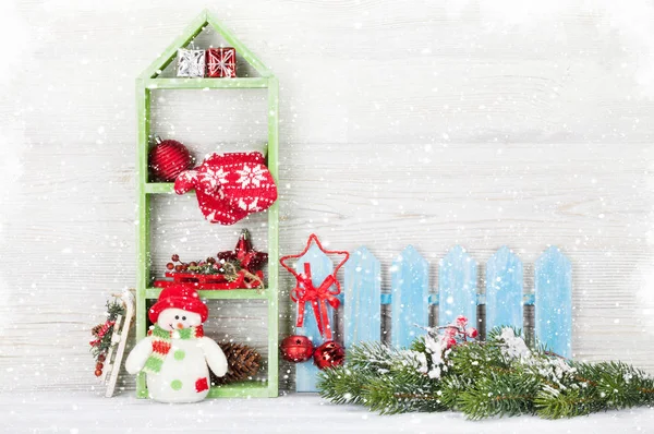 Kerst Sneeuwpop Speelgoed Decor Xmas Achtergrond Met Kopie Ruimte — Stockfoto