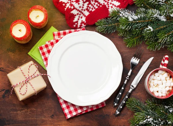 Apparecchiatura Della Tavola Natale Con Tazza Cioccolata Calda Confezione Regalo — Foto Stock