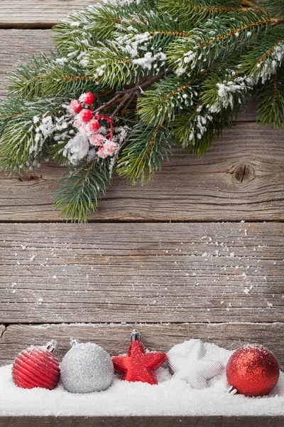 Christmas Backdrop Fir Tree Branch Covered Snow Decor Front Wooden — Stock Photo, Image