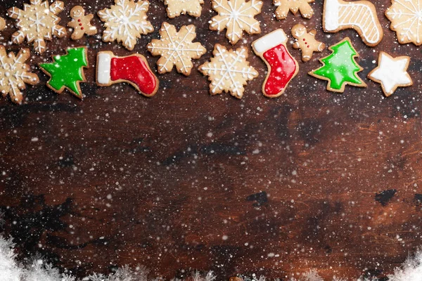 Carte Noël Avec Biscuits Pain Épice Sur Fond Bois — Photo