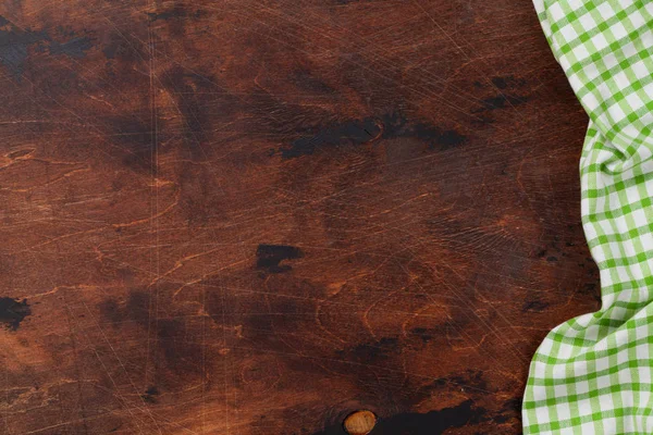 Houten Tafel Met Groen Geruite Keuken Handdoek Koken — Stockfoto