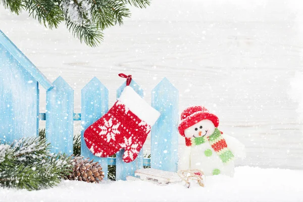 Juguete Muñeco Nieve Navidad Decoración Rama Abeto Tarjeta Felicitación Navidad — Foto de Stock