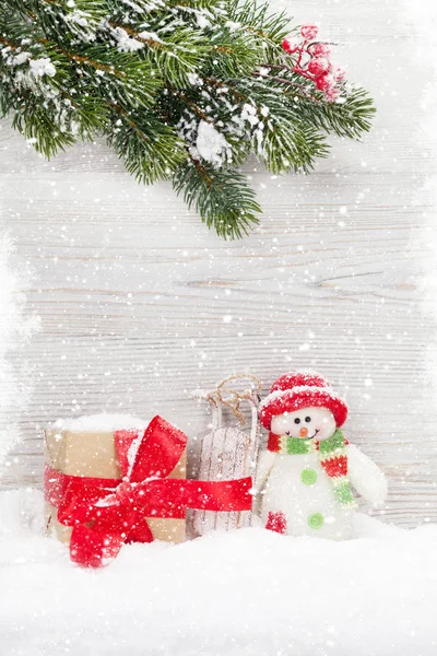 Christmas Snowman Toy Gift Box Fir Tree Branch Xmas Greeting — Stock Photo, Image