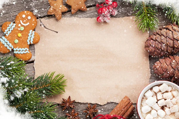 Piece Paper Christmas Wishes Coffee Snow Xmas Tree Top View — Stock Photo, Image