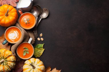 Sonbahar Vejetaryen Kabak kremalı çorba. Kopya alanı ile üstten görünüm