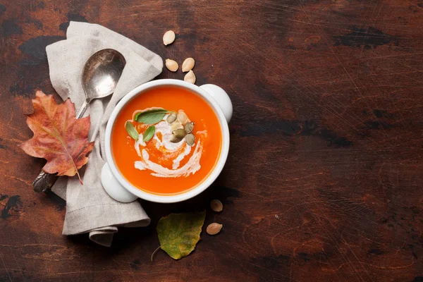 Autumn Vegetarian Pumpkin Cream Soup Top View Copy Space — Stock Photo, Image