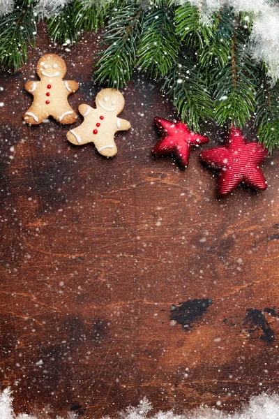 Biscoitos Gengibre Natal Decoração Ramo Abeto Xmas Sobre Pano Fundo — Fotografia de Stock