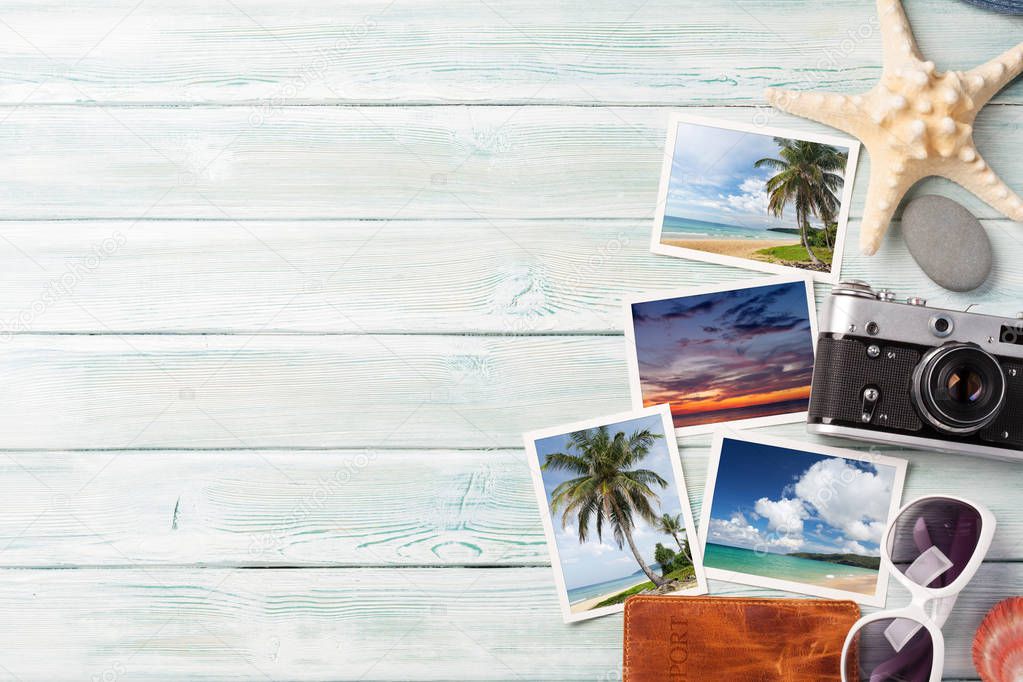 Travel vacation background concept with weekend photos on wooden backdrop. Top view with copy space. Flat lay. All photos taken by me