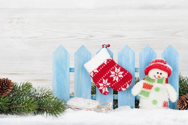 Christmas Snowman Sledge Toys Fir Tree Branch Xmas Backdrop Copy — Stock Photo, Image