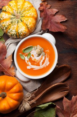 Sonbahar Vejetaryen Kabak kremalı çorba. Üstten görünüm