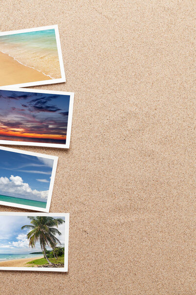 Travel vacation background concept with weekend photos on sand backdrop. Top view with copy space. Flat lay. All photos taken by me