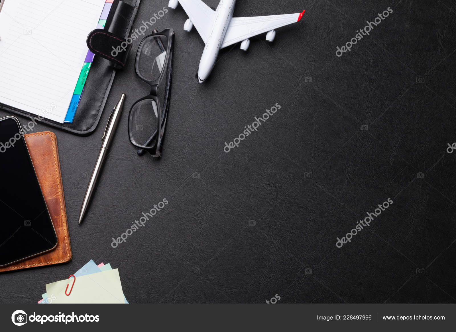 Business Trip Concept Accessories Desk Table Notebook Passport